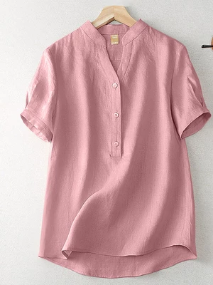 Cotton Solid Button Short Sleeve V Neck Casual Blouse