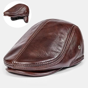 Men Genuine Leather Ear Protection Earmuffs Design Winter Windproof Warmth Berets Forward Cap Peaked Cap
