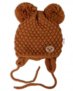 Zimní pletená čepice Teddy Bear na zavazování, hnědá, Baby Nellys, vel. 56-68 (0-6 m)