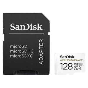Pamäťová karta SanDisk microSDHC High Endurance Video 128 GB + adaptér (SDSQQNR-128G-GN6IA) karta je ideální pro palubní kamery a domácí monitorovací 