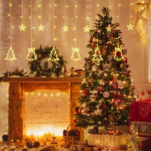 LED Christmas Curtain Lights Santa Claus Snowman Elk Bells Window Displays 8-Function LED Set Curtain Lights