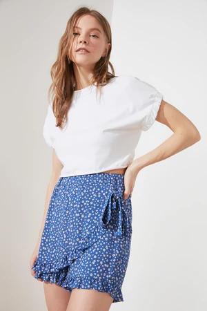 Trendyol Blue Frill Double Breasted Weave Viscose Floral Short Skirt