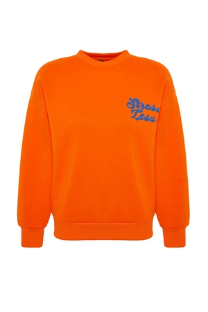 Trendyol Orange Thick Fleece Inside Slogan Embroidery Regular/Regular Knitted Sweatshirt
