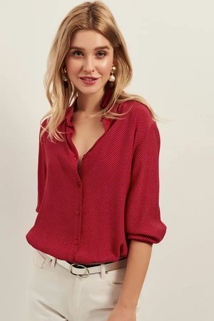 Olalook Women's Red Tiny Polka Dot Loose Viscose Shirt
