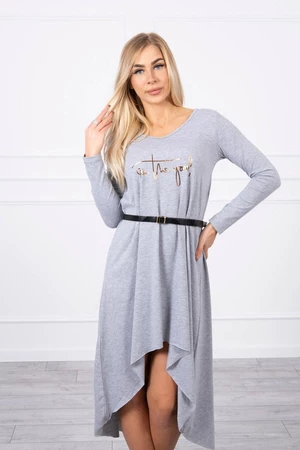 Dress with a decorative belt and inscription gray