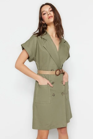 Trendyol Khaki Belted Double Breasted Mini Woven Woven Dress with Pocket