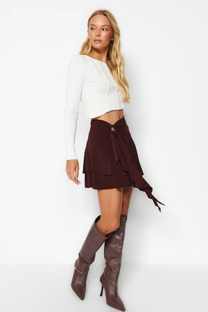 Trendyol Brown Frill Detailed Ruffles Mini Knitted Skirt