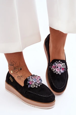 Women's Moccasins on the Platform with Stones Black Elonore