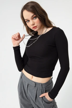Lafaba Women's Black Corduroy Long Sleeve Crop Top