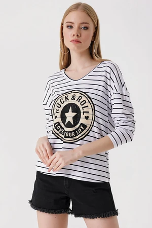 Bigdart 4301 Printed Striped Long Sleeve T-Shirt - White