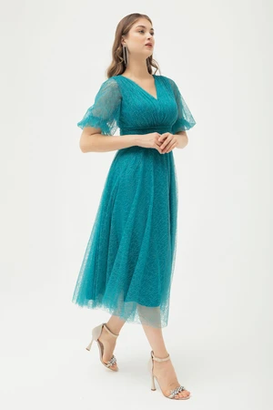 Lafaba Women's Turquoise Balloon Sleeve Silvery Evening Dress