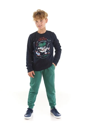 Denokids Astronaut Crocodile Boys Navy Blue T-shirt and Khaki Pants Suit