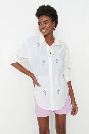 Trendyol Ecru Embroidered Oversize Woven Shirt