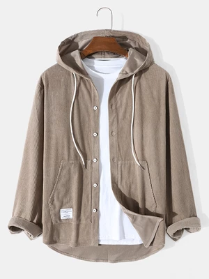 Mens Solid Color Applique Corduroy Long Sleeve Hooded Shirts