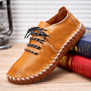 Menico Men Soft Leather Breathable Comfort Lace-Up Panel Hand Sewn Non-Slip Loafers