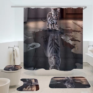 Cat with Tiger Heart Bathroom Accessories Mildew Waterproof Shower Curtain 3-piece Toilet Mats Rugs
