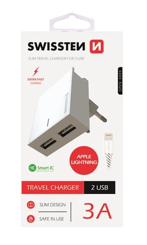 SWISSTEN SÍŤOVÝ ADAPTÉR SMART IC 2x USB 3A POWER + DATOVÝ KABEL USB / LIGHTNING 1,2 M, BÍLÁ