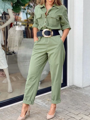 Women Side Pockets Button Solid Color Elastic Waist Two-Piece Sets