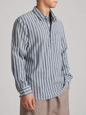 Mens 100Cotton% Striped Half Buttons Pocket Long Sleeve Shirts
