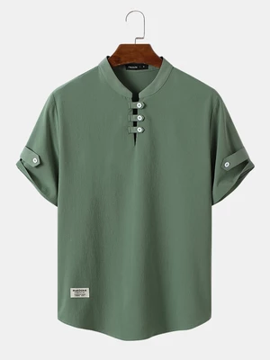 Mens Solid Color Button Design Textured Short Sleeve Henley Shirts
