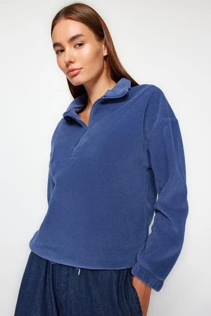 Trendyol Indigo Zipper Detailed Knitted Sweatshirt