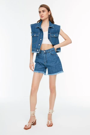 Trendyol Blue Tasseled Denim Shorts