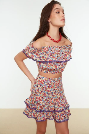 Trendyol Floral Patterned Carmen Collar Top and Bottom Set