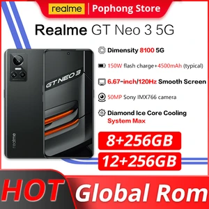 Realme GT NEO3 Global ROM 12GB 256GB 5G Smartphone 80/150W Charge Dimensity 8100 120HZ AMOLED Screen 4500mAh