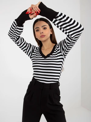 BASIC FEEL GOOD black and white ribbed blouse with V-neck