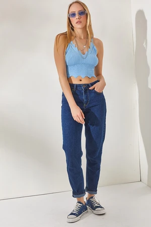 Olalook Women's Dark Blue Washed Mom Jeans