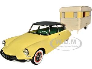 1960 Citroen DS 19 Jonquille Yellow with Silver Top and Caravan Digue Panoramic Trailer Beige 1/18 Diecast Model Car by Norev