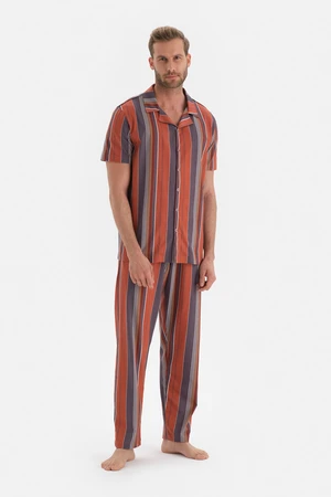 Dagi Claret Red Shirt Collar Striped Knitted Pajamas Set