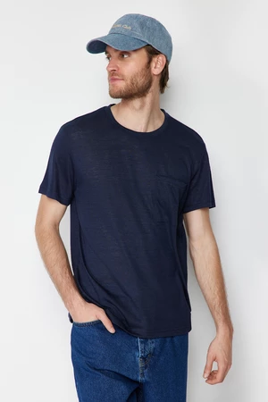 Trendyol Navy Blue Regular/Normal Fit Pocket Linen Look Short Sleeve T-Shirt