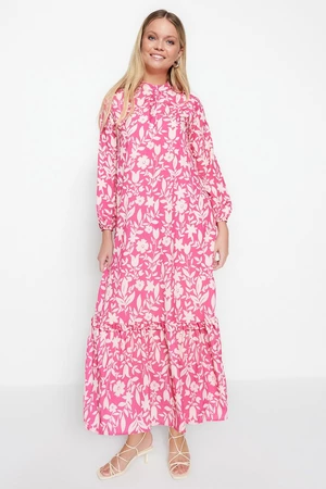 Trendyol Dark Pink Floral Half Patties With Frill Trim Lined Woven Dress