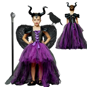 Disney Maleficent Halloween Costume Maleficent Tulle Dress Girls Cosplay Evil Queen Purple Mesh Princess Dress Kids Crow Wand