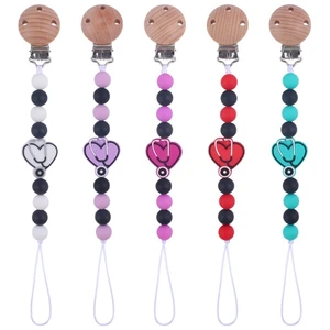 Silicone Pacifier Clip Beads Heart-shape Pattern for Baby Boys & Girls Flexible & Rust-Free Holders for Teething Relief