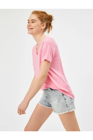 Koton Women's Pink V-Neck T-shirt