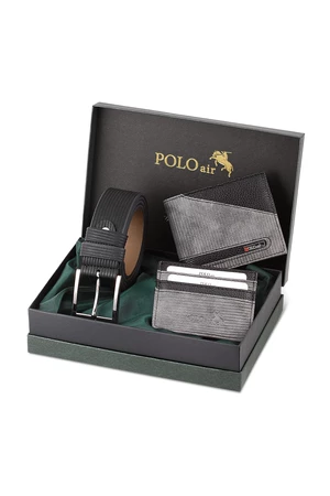 Súprava kombinácie peňaženky, držiaka na karty a opasku pre mužov Polo Air v sivej a čiernej farbe