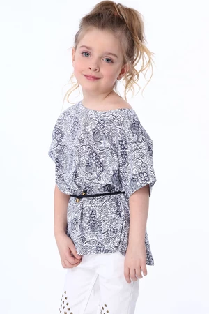 Girls' blouse with tie in white and dark blue