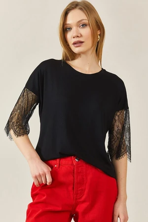 XHAN Black Lace Detail Raglan Sleeve Blouse