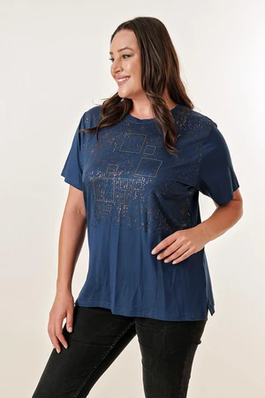 By Saygı Short Sleeves Plus Size Blouse with a Square Stone Print and Foiled Foil.