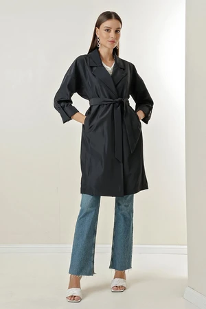 By Saygı Double Breasted Collar Waist Belted Lined Trench Coat