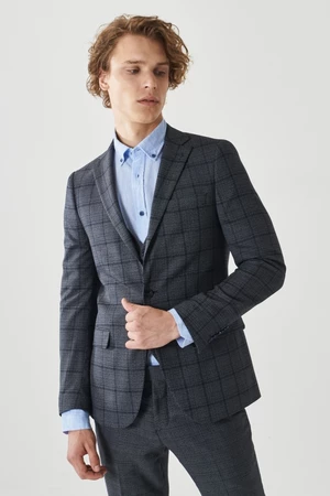 ALTINYILDIZ CLASSICS Men's Navy Blue-Grey Slim Fit Slim Fit Monocollar, Checkered Classic Suit with Vest.