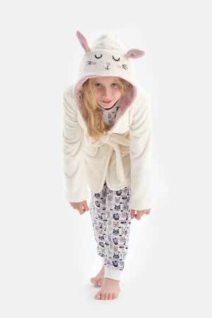 Dagi Ecru Fleece Dressing Gown with Rabbit Embroidery