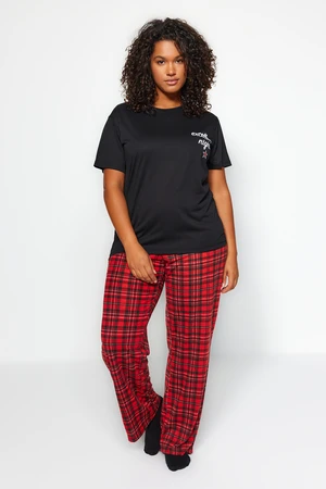 Trendyol Curve Black Printed Plaid Flannel Woven Pajamas Set