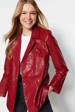 Trendyol Claret Red Faux Leather Lined Crocodile Patterned Woven Blazer Jacket