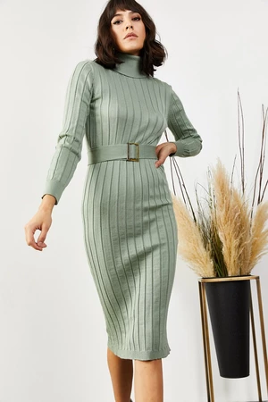 Olalook Women's Aquatic Green with a Belt, Thick Ribbed Sweater Dress