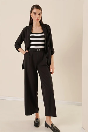 By Saygı Elastic Waist, Belted, Pocket Palazzo Trousers Black