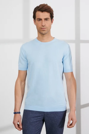 ALTINYILDIZ CLASSICS Men's Blue Standard Fit Normal Cut Crew Neck 100% Cotton Short Sleeve Knitwear T-Shirt.