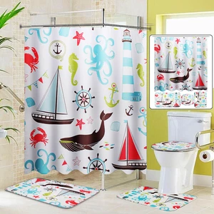 Marine Animal Bathroom Shower Curtain Toilet Cover Bath Mat Non-Slip Rug Set